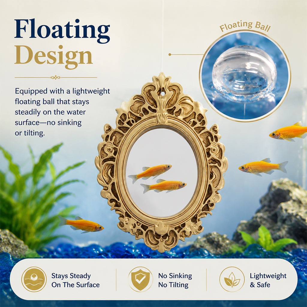 Qpets Betta Fish Floating Mirror Tank Decor with PVC Frame, Glass Mirror and Tool-Free Setup