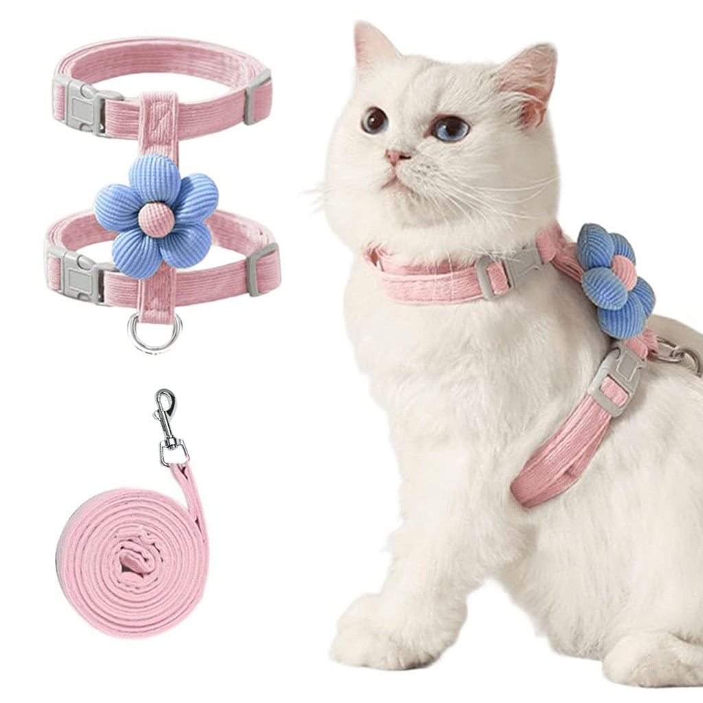 Qpets® Cat Harness with Leash, Cat Harness and Leash Set for Small Cats with Quick Release Buckle, Escape-Proof Cute Flower Cat Belt for Outdoor Walking & Travel (S, Chest 25-41cm, Neck 20-30cm)