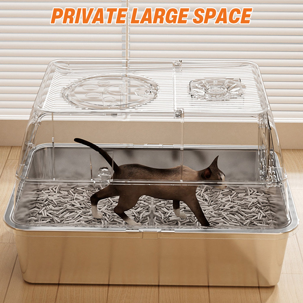Qpets® Stainless Steel Cat Litter Box Dual Doors Anti-Odor Cat Litter Box with Air Vent Includes Cat Litter Catcher & Cat Litter Scoop Enclosed Cat Litter Box with Flip Up Lid, 40x60x39cm