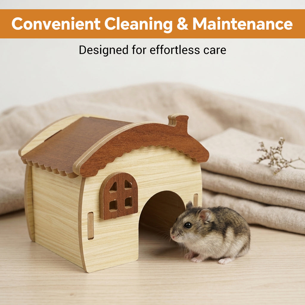 Qpets Wooden Hamster House with Natural Wood, Enclosed Hideout and Tool-Free Assembly