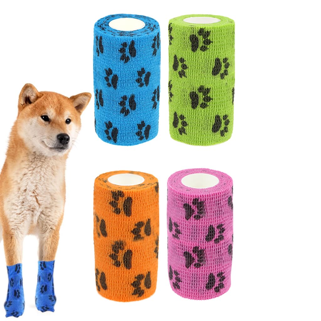 Qpets Self-Adhesive Non-Woven Elastic Pet Recovery Wraps with Paw Print for Cats and Dogs