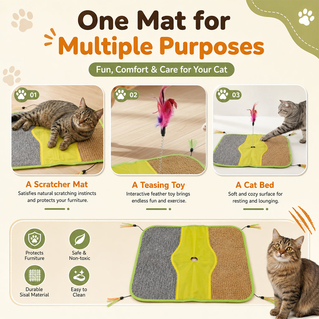 Qpets Sisal Cat Scratching Mat with Four Hanging Strings, Soft Fleece Centre and Anti-Slip Backing