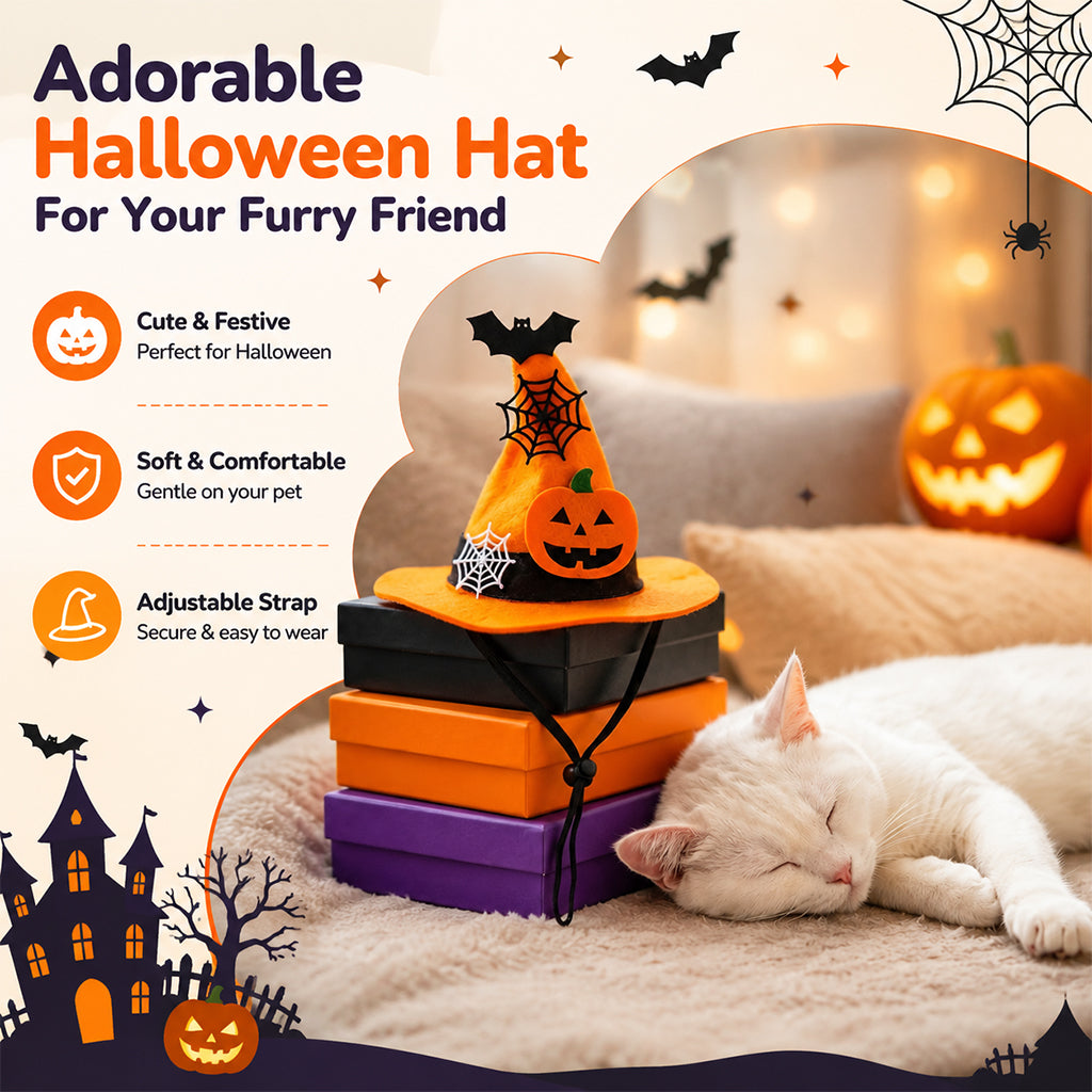 Qpets Adjustable Halloween Witch Hat for Cats and Small Dogs with Soft Cloth and Lace Details