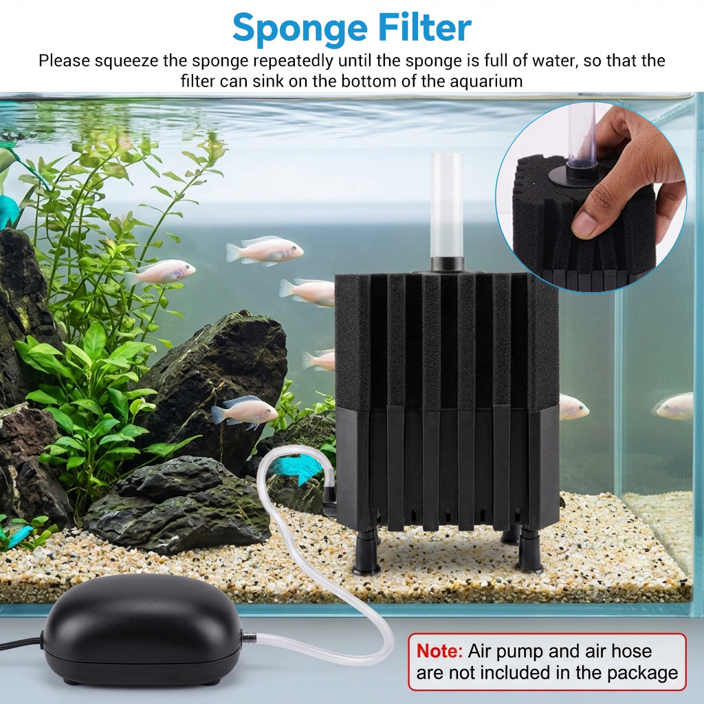 Qpets Aquarium Sponge Filter with Quiet Operation, Ceramic Bio Media for Betta, Shrimp and Fry Tanks