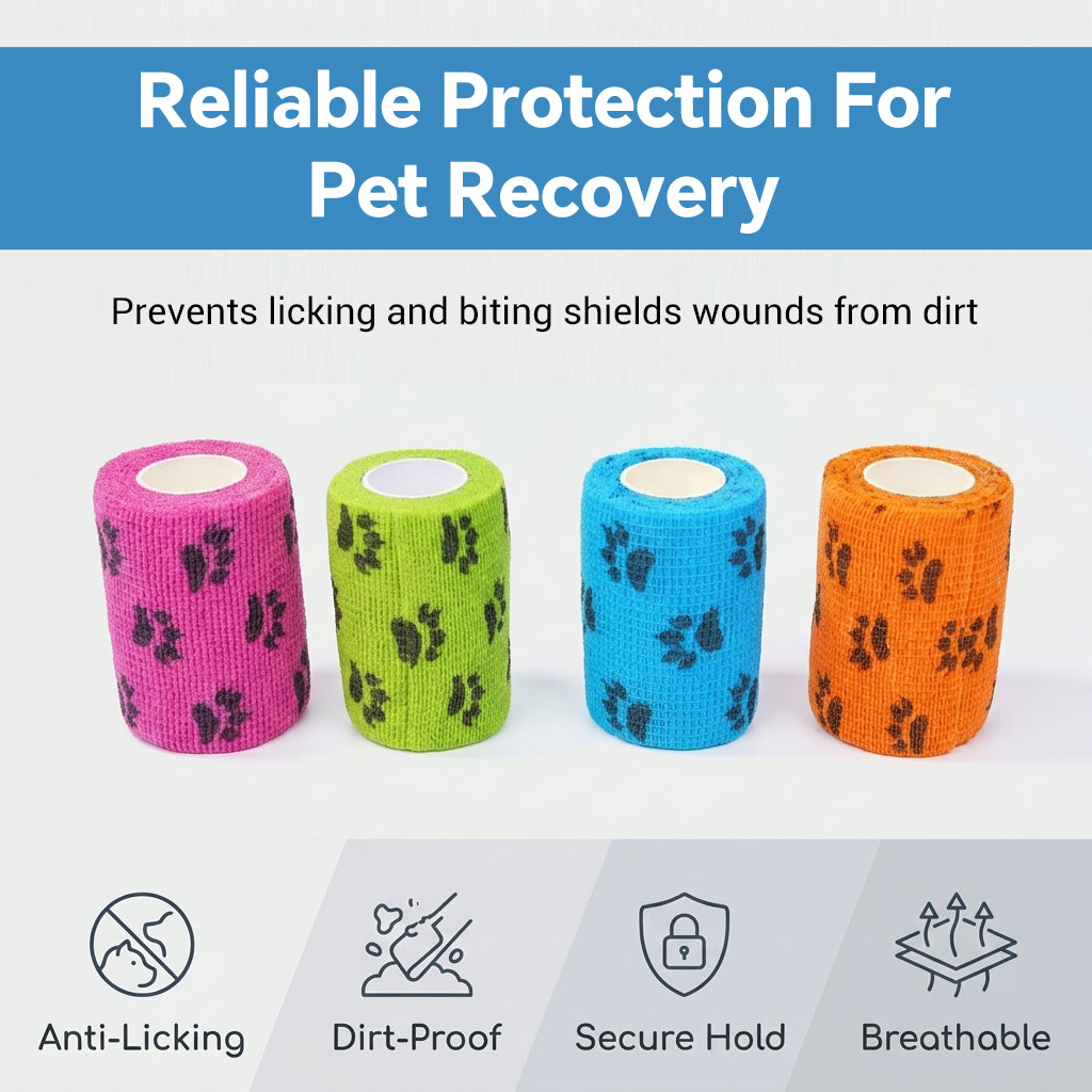 Qpets Paw Print Self-Adhesive Non-Woven Elastic Recovery Bandage Wrap for Cats and Dogs