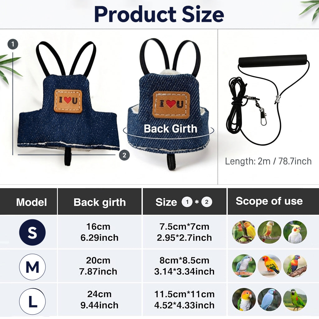 Qpets Bird Flight Harness with Leash, L, 24cm Back Girth, Denim Vest for Large Parrots