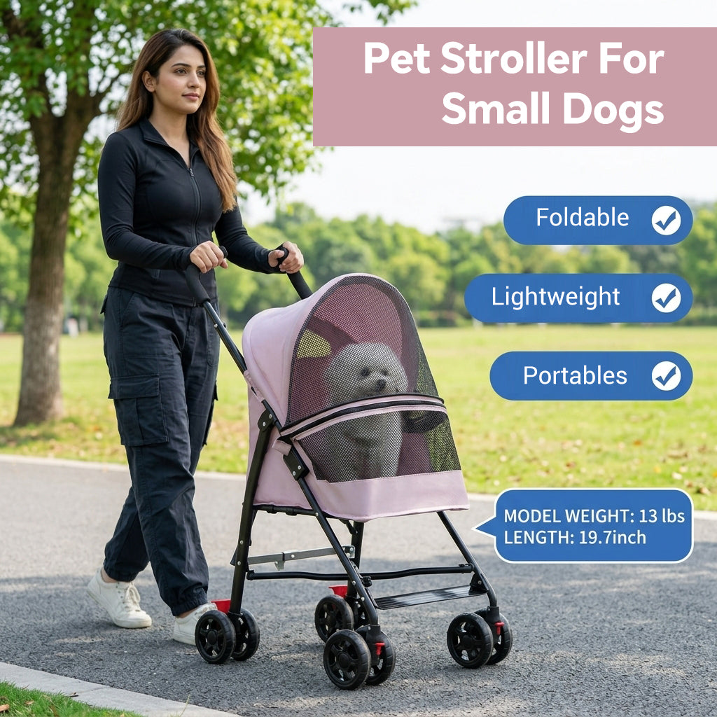 Qpets Foldable Pet Stroller for Small Dogs and Cats, Up to 7kg, Mesh Window and One-Step Fold