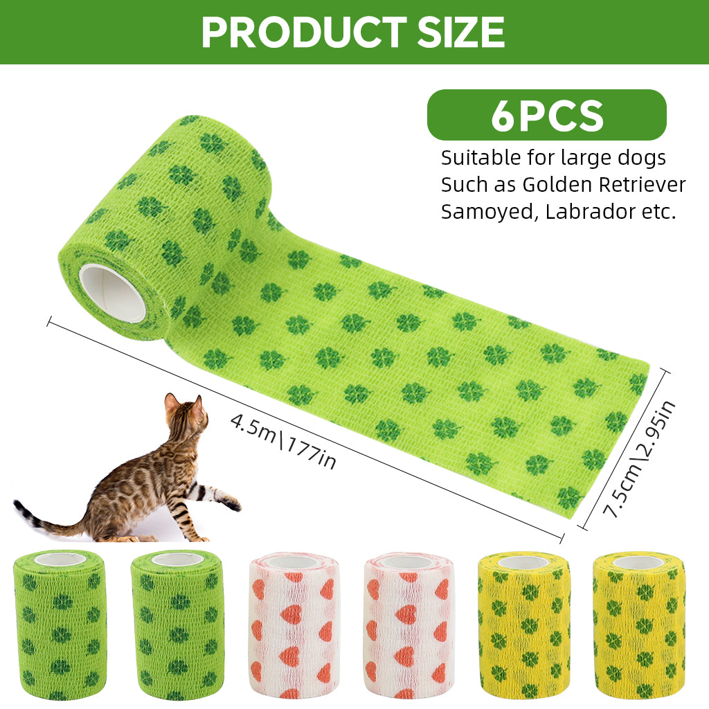Qpets® 6 Rolls Pet Crepe Bandage Bitter Flavored Anti-lick Bandages Non-woven StretchyInjury Recovery Bandage Cartoon Print Self Adhesive Bandage Wrap, 3.94 inches Wide x 14.76 ft Long
