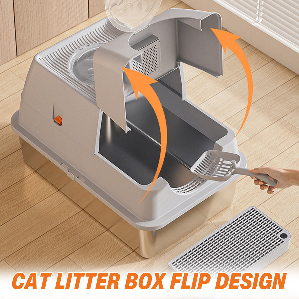 Qpets® Stainless Steel Cat Litter Box Dual Doors Anti-Odor Cat Litter Box with Air Vent Includes Cat Litter Catcher & Cat Litter Scoop Enclosed Cat Litter Box with Flip Up Lid, 40x60x39cm