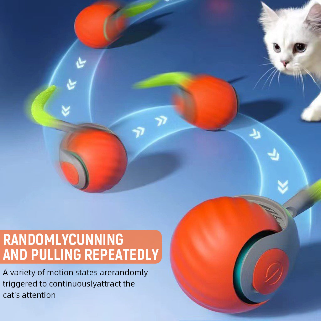 Qpets® Smart Cat Toy Ball, Electric Self Roller Ball Cat Toywith Rat Tail, Fun Cat Speedy Ball Toy with 2 Modes Cordless Chasing Ball Toy Food Grade Silicone Cat Toy Teasing Ball - USB Rechargeable