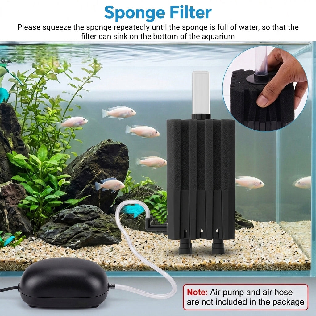 Qpets Aquarium Sponge Filter with Quiet Air-Powered Operation, Bio Balls and Two Sponges for Tanks