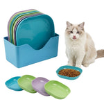 Qpets Whisker-Friendly Cat Bowls, 10-Pack with Holder Tray, Wide Shallow Plastic Dishes