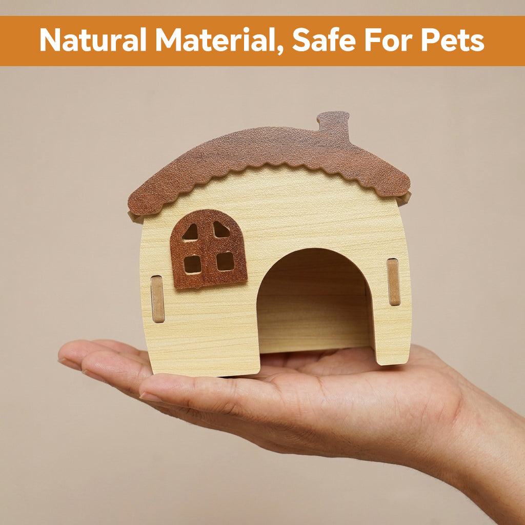 Qpets Wooden Hamster House with Natural Wood, Enclosed Hideout and Tool-Free Assembly