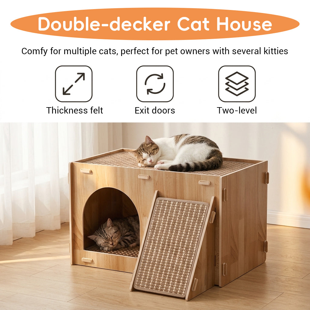 Qpets Wooden Cat House with Enclosed Hideaway, Dual Scratch Stations and Climbing Ramp
