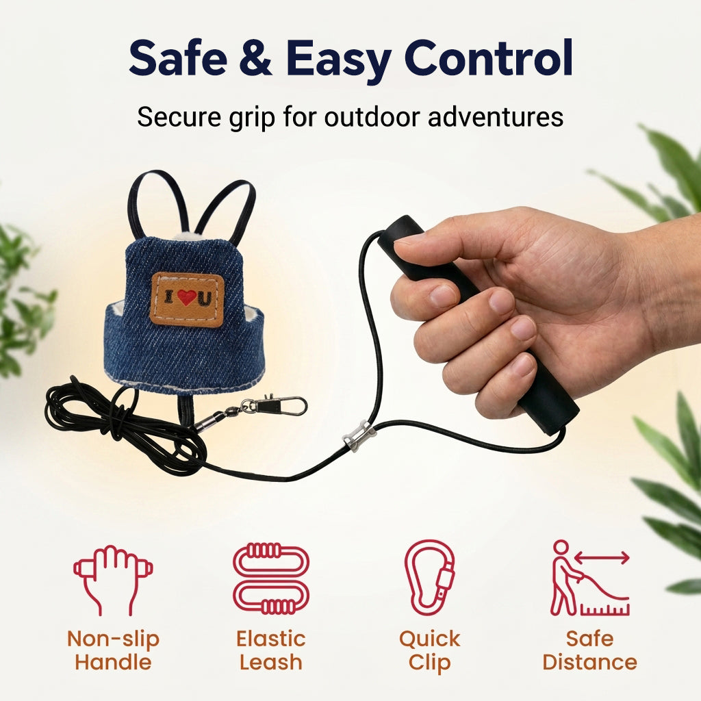 Qpets Bird Flight Harness with Leash, L, 24cm Back Girth, Denim Vest for Large Parrots