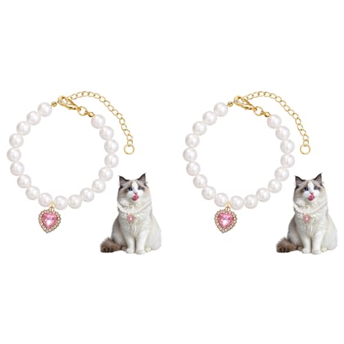 Qpets® Jewelry Cat Collar Pet Necklace with Pink Rhinestone Heart Charm Pearl Adjustable Valentine's Day Gift Puppy Photography Prop M 30-35CM 2PCS