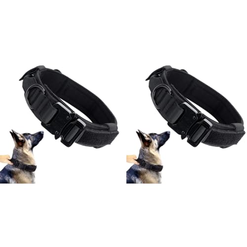 Qpets® Dogs Collar for Large Adjustable Nylon Tactical Belt with Strap Handle Training Quick Release Metal Buckle Medium Adult 43-52Cm Black 2PCS