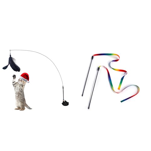 Qpets® Cat Toys,2Pcs Cat Rainbow Wand and Interactive Teaser Wand with Suction Cup Base,Bell Replaceable Feather Pendant Elastic Fiberglass Rod for Kittens Persian Indoor Cats