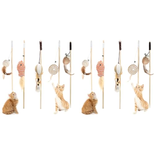 Qpets® Premium Cat Toy Interactive Toys Set of 5 Teaser Wand Pet Activity Fishing Rod with Mouse Natural Feathers for Kittens to Play Games 2PCS