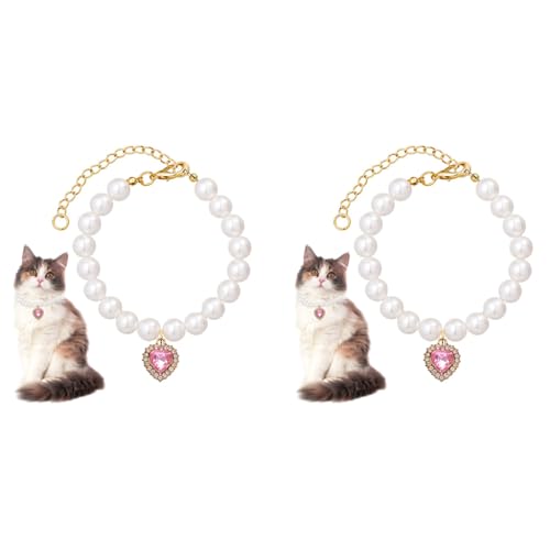 Qpets® Jewelry Cat Collar Pet Necklace with Pink Rhinestone Heart Charm Pearl Adjustable Puppy Valentine's Day Gift Photography Prop S 20-25CM 2 PCS