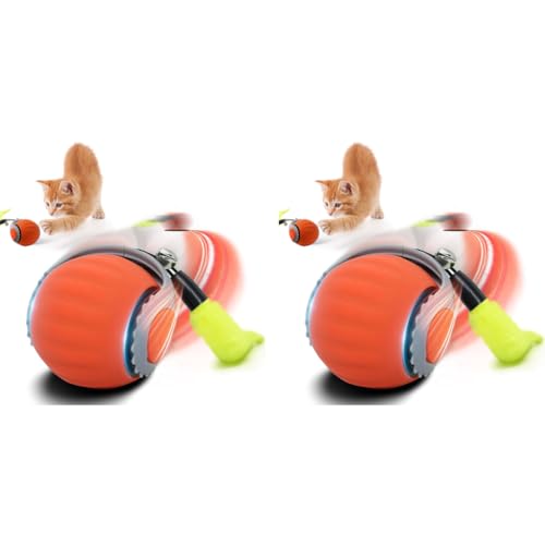 Qpets® Electric Automatic Rolling Cat Ball Toy 2-Speed Modes Teasing Tail Bell Charm Interactive Self Play Chasing Silicone for Indoor Cats USB Rechargeable 2 PCS