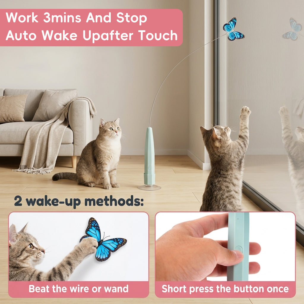 Qpets Rechargeable Butterfly Cat Toy with Flexible Cord, Suction-Cup Base and Two Play Modes