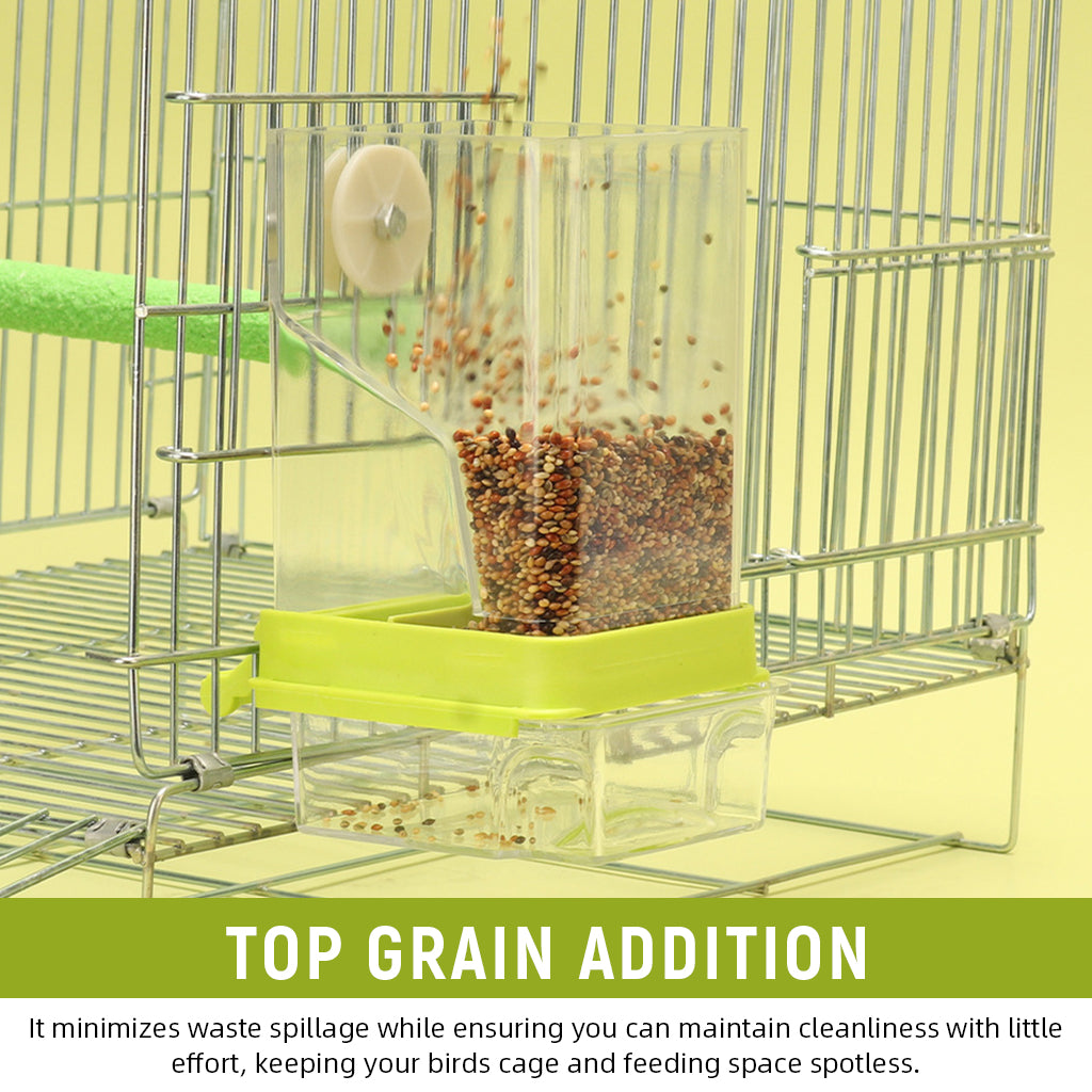 Qpets® Parrot Feeder, Bird Feeder for Cage, Transparent Bird Food Box No Jam Automatic Food Feeder with Perch & Bottom Removable Catching Tray - 7.9x8.3x18.5CM