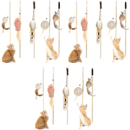 Qpets® Premium Cat Toy Interactive Toys Set of 5 Teaser Wand Pet Activity Fishing Rod with Mouse Natural Feathers for Kittens to Play Games 3PCS