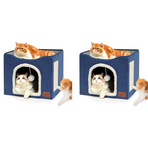 Qpets® Cat Beds for Large House Cave with Fluffy Ball Hanging Toy and Scratch Pad Foldable Hideaway Blue 16.5x16.5x14 inches 2 PCS