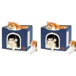 Qpets® Cat Beds for Large House Cave with Fluffy Ball Hanging Toy and Scratch Pad Foldable Hideaway Blue 16.5x16.5x14 inches 2 PCS