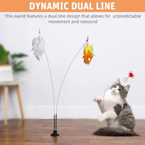 Qpets® Cat Feather Toy Feathered Teasing Wand Dual-Wire Flexible Suction Cup Colored Floor 2 PCS