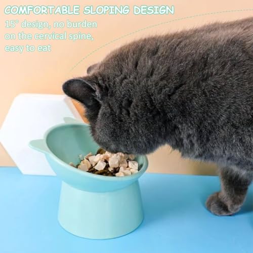 Qpets® Cat Feeding Bowl, 11.5cm Elevated Cat Bowl Feeder, Raised Anti Vomiting 45°Slanted Bowl Pet Food Dish Healthy with Anti-Tip Design for Kittens (2Pcs, Green)