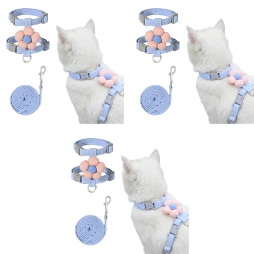 Qpets® Cat Harness with Leash Set for Small Cats Quick Release Buckle Escape Proof Cute Flower Pet Belt Outdoor Walking Travel M Chest 27-43cm Neck 23-33cm 3PCS