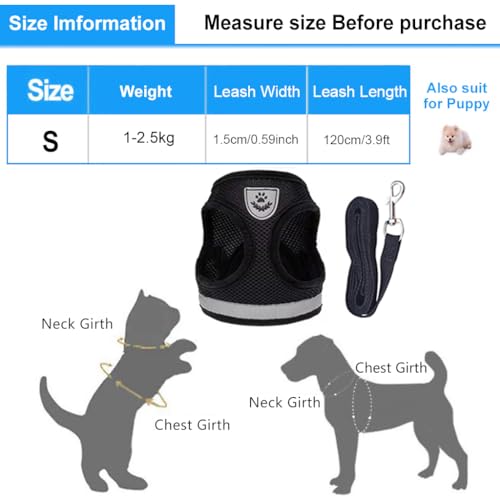 Qpets® Cat Harness for Small Pets Adjustable Belt with Safety Reflective Strip Breathable Vest Mesh Fabric Accessories Leash Black Suitable for 1-2.5 KG 2PCS