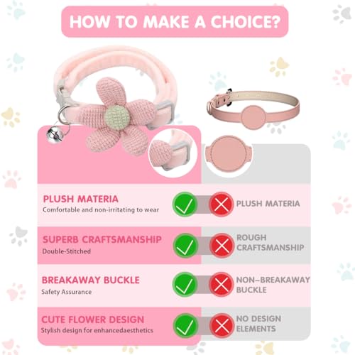 Qpets® Cat Collar Pet Cute Pink Flower with Bell Lovely Quick Release Adjustable Soft Plush Gift 3PCS