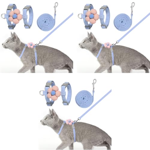 Qpets® Cat Harness with Leash Set for Small Cats Quick Release Buckle Escape-Proof Cute Flower Pet Belt Outdoor Walking Travel S Chest 25-41cm Neck 20-30cm 3PCS