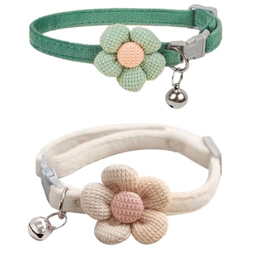 Qpets® Cat Collar with Bell, Adjustable Breakaway Safety Pet Collars, Cute Flower Design Lightweight & Soft Plush Quick Release Adjustable (Green/Beige)