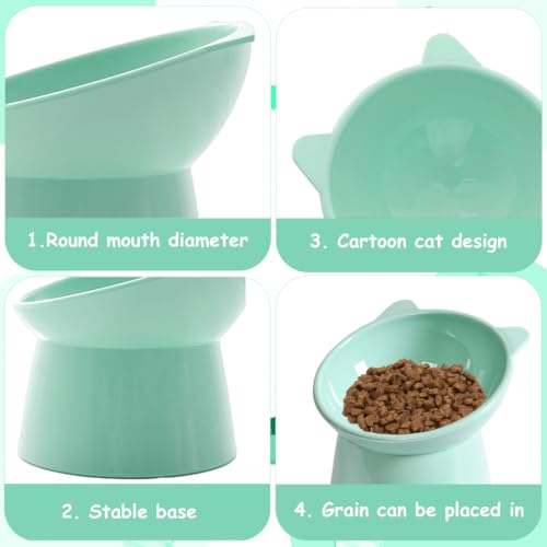 Qpets® Cat Feeding Bowl, 11.5cm Elevated Cat Bowl Feeder, Raised Anti Vomiting 45°Slanted Bowl Pet Food Dish Healthy with Anti-Tip Design for Kittens (2Pcs, Green)