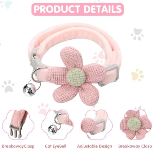 Qpets® Cat Collar Pet Collar Pink & Beige Flower Design with Quick Release Buckle, Soft Adjustable Plush Material, Decorative Bell for Cats & Kittens, Comfortable & Safe Fit, 1 Piece