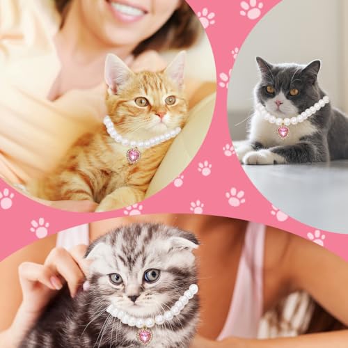 Qpets® Jewelry Cat Collar Pet Necklace with Pink Rhinestone Heart Charm Pearl Adjustable Puppy Valentine's Day Gift Photography Prop S 20-25CM 2 PCS