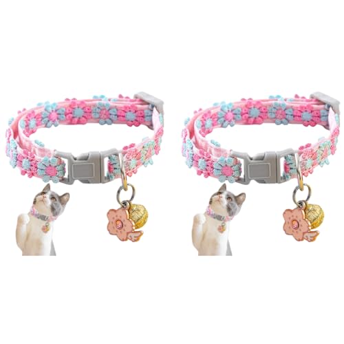 Qpets® Floral Cat Collar Cute Color Flower with Bell Embroidery Handmade Sakura Charm Adjustable Quick Release Small Pet Pink 2PCS