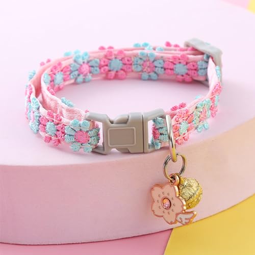 Qpets® Floral Cat Collar Cute Color Flower with Bell Embroidery Handmade Sakura Charm Adjustable Quick Release Small Pet Pink 3PCS