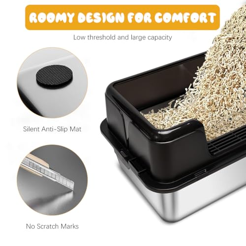 Qpets® Stainless Steel Cat Litter Box, Open Large Cat Litter Box with Cat Litter Scoop & High Side Fence, Anti-Splash Cat Toilet Deepened PP Guard Design Litter Box for Cats Large Size - 50x23x35CM