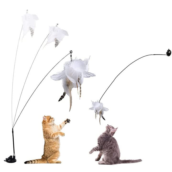 Qpets Interactive Cat Wand Toy for Indoor Play with 100cm Pole and Detachable Suction Cup | Eco-Friendly Feather Teaser