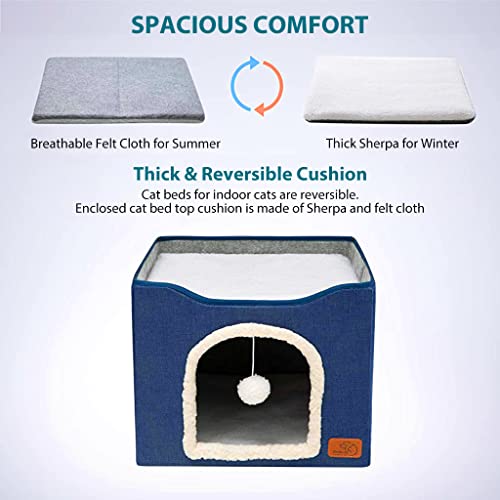 Qpets® Cat Beds for Large House Cave with Fluffy Ball Hanging Toy and Scratch Pad Foldable Hideaway Blue 16.5x16.5x14 inches 2 PCS