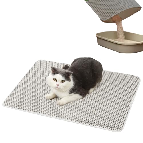 Qpets® Cat Litter Mat, 23.6 by 35.4 inches Litter Mat Honeycomb Hole Double Layer Open Edge Design, Reuseable & Washable EVA Cat Litter Catcher for Litter Box Cat Litter Tray (Grey)