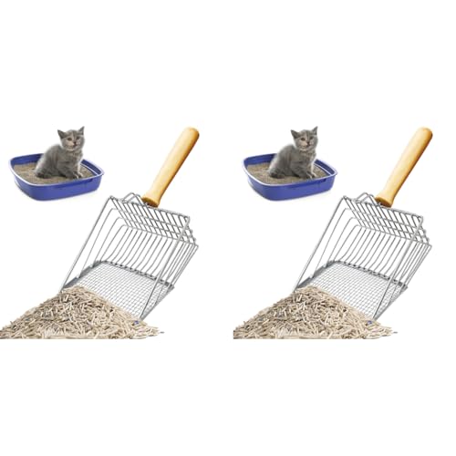 Qpets® Metal Litter Scoop Wooden Handle Fast Sifter Cat Potty Scooper 2 Kinds of Sifter Hole for 3-10Mm Clumping Clay 2PCS
