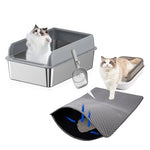 Qpets® Cat Litter Combo – Double Layer Waterproof Litter Mat (40x60cm) & Open Top Stainless Steel Litter Box with Scoop, 4 Non-Slip Mats, Odor Control, Easy Clean for Cats under 10kg (Grey)