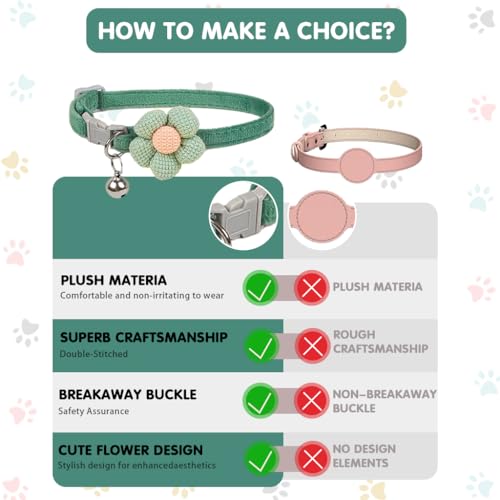 Qpets® Cat Collar with Bell, Adjustable Breakaway Safety Pet Collars, Cute Flower Design Lightweight & Soft Plush Quick Release Adjustable (Green/Beige)