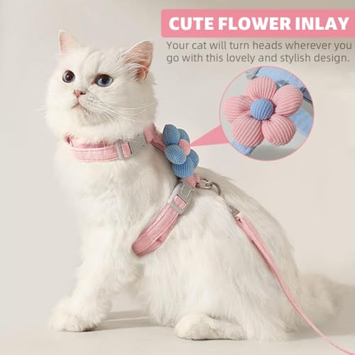 Qpets® Cat Harness with Leash Set for Kitten Quick Release Buckle Escape-Proof Cute Flower Small Pet Belt Outdoor Walking Travel M Chest 27-43cm Neck 23-33cm 2PCS
